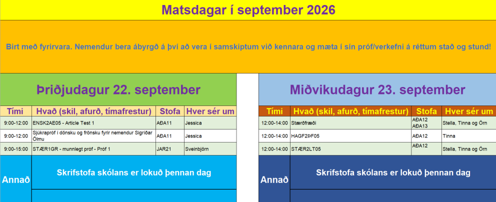 Matsdagar og starfsþróunardagur kennara