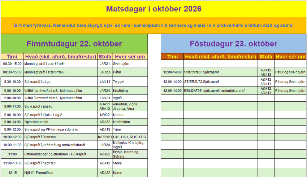 Dagskrá matsdaga í október.