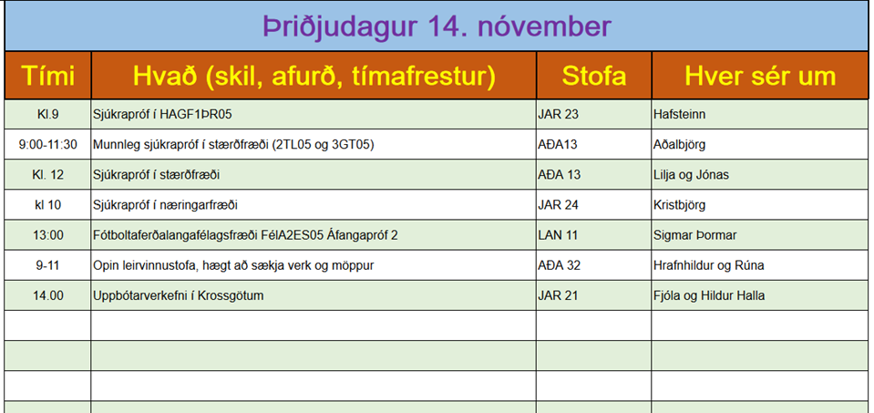 Sjúkrapróf þriðjudaginn 14. nóv