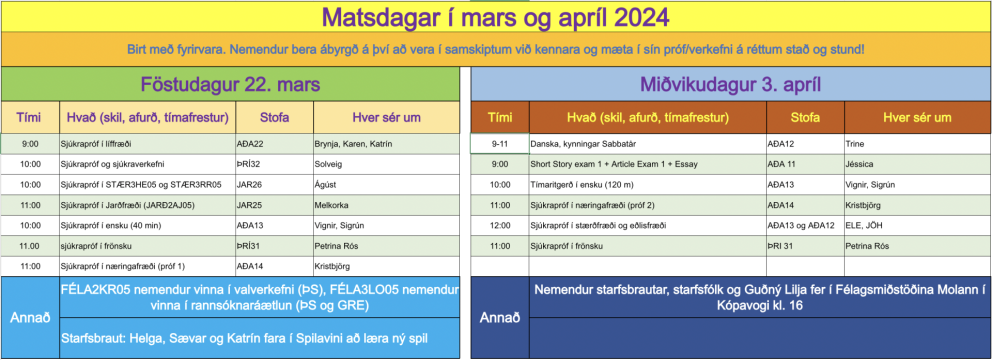 Matsdagar og páskaleyfi