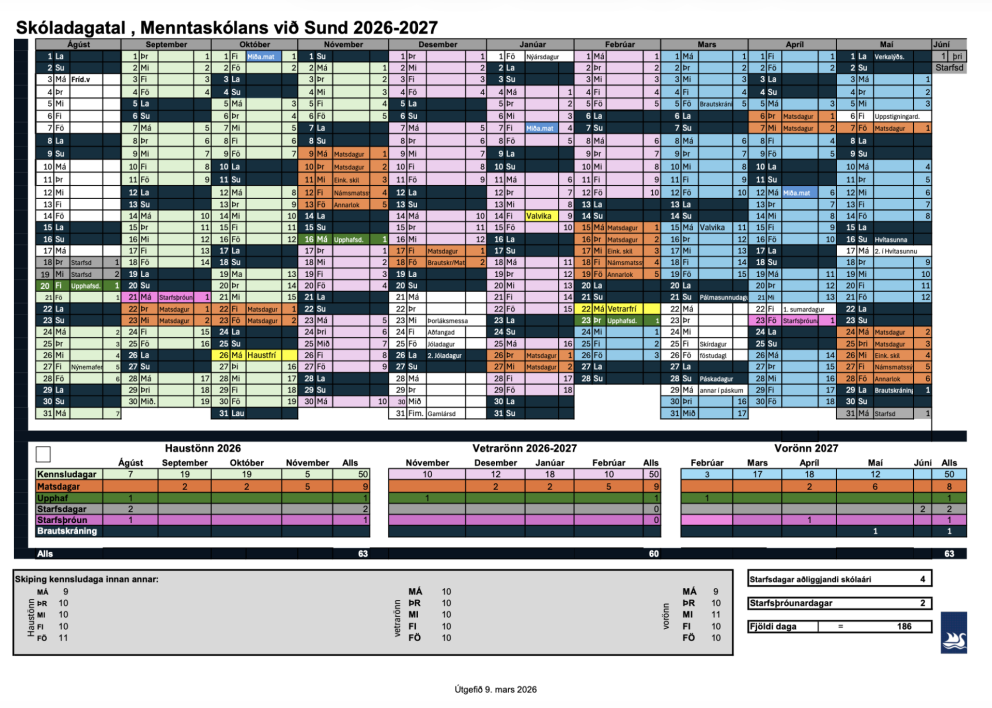 Skóladagatal Menntaskólans við Sund 2026-2027